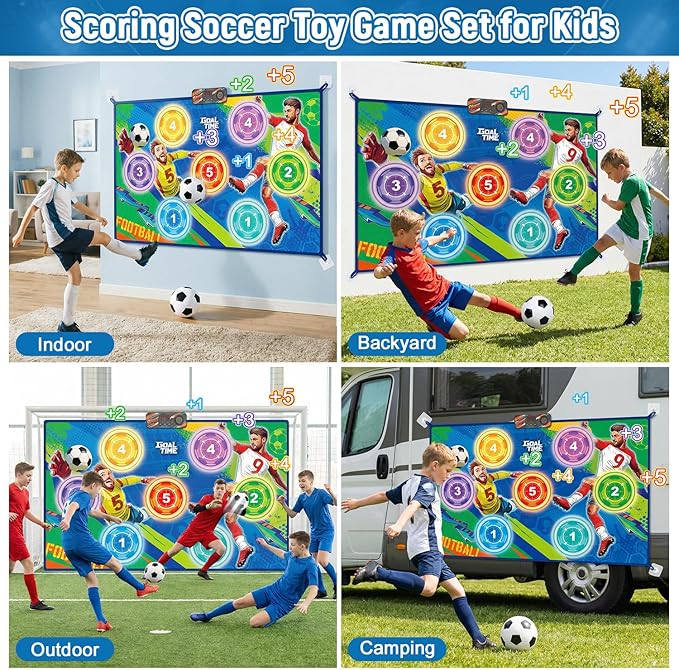 Electronic Scoring Soccer Toy Game Mat Set for Kids, Indoor Outdoor Toss Soccer Target Game with Real-Time Score, 2 Soft Soccer & Goal, Birthday Gifts for 3-5/6-8/8-12 Years Old Boys Girls