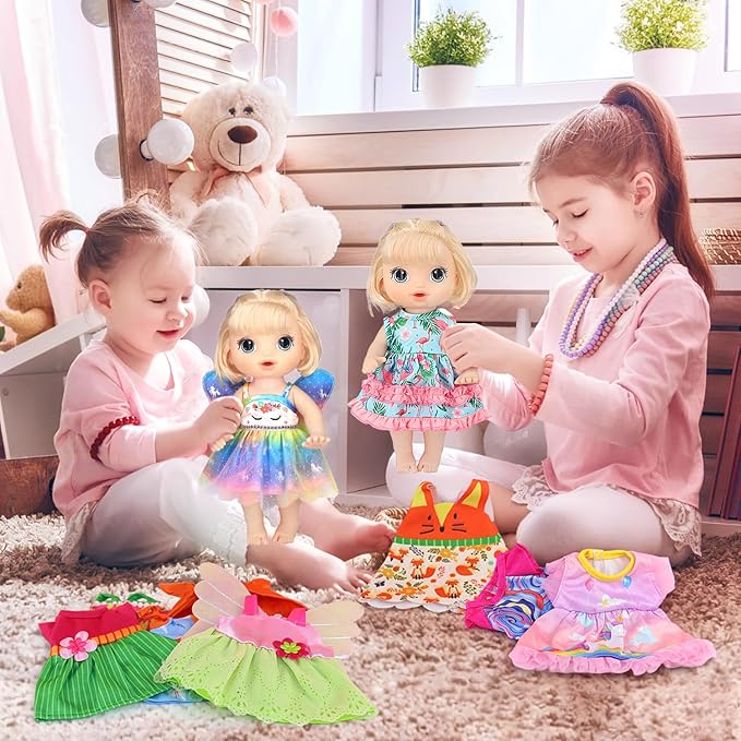 ECORELF 9 Sets Alive Baby Doll Clothes, Doll Clothes for 10-12 Inch Girl Dolls,12 Inch Baby Doll Dress Outfits Accessories Set Include Cute Jumpsuit, Skirts