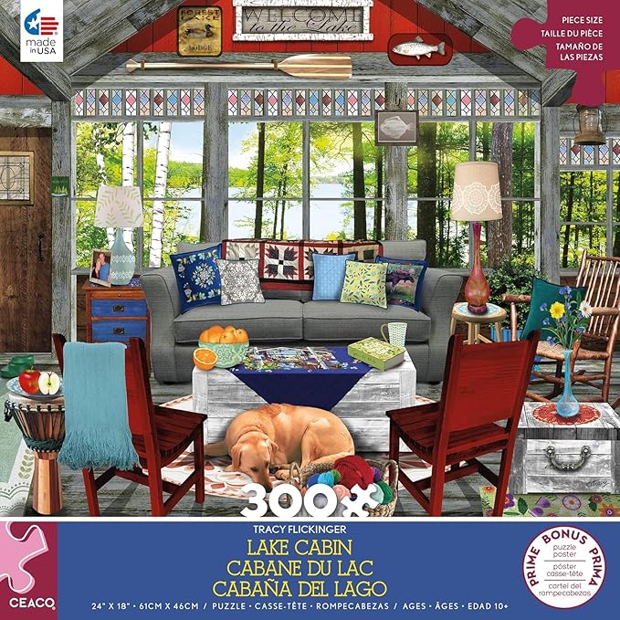 Ceaco - Tracy Flickinger - Lake Cabin - Oversized 300 Piece Jigsaw Puzzle, 24 x 18