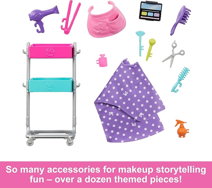 Barbie Stylist Doll & 14 Accessories, Blonde Barbie "Malibu" Fashion Doll On-set with Cart, Smock, Makeup Palette, Pet Puppy & More