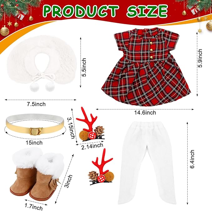 UPINS 18 Inch Doll Clothes and Accessories, Santa Costume Winter Doll Outfits Set Christmas Costume Playset Including Dress Fur Cape Tights Boots Hair Clips for Girls Gifts