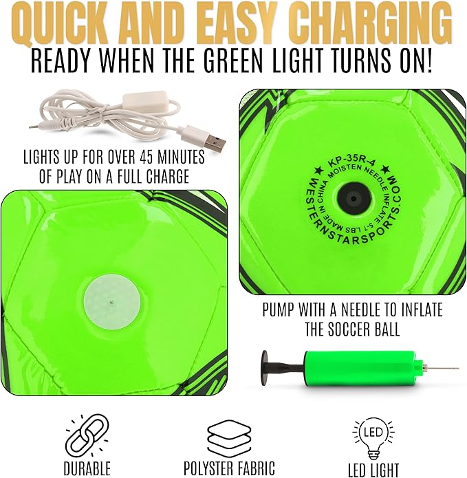 Rechargeable LED Soccer Ball – Stays Lit 45+ Min, No Batteries Needed – Size 4 & Size 5 – Durable Glow in The Dark Soccer Ball – Soccer Gifts for Boys & Girls Ages 8-15 – Extra Bright