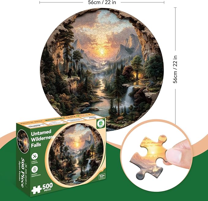3D Visual Art Puzzles for Adults, 500 Piece Cave Waterfall Wilderness Jigsaw Puzzle for Adults, Nature Circular Puzzle 500 Pieces, Challenging Family Puzzle, 22 x 22 inches