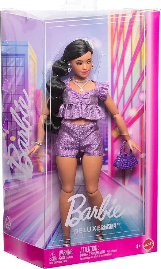 Barbie Deluxe Style Doll #8 in Metallic Purple Top and Sparkly Shorts, Black Hair in Braid, Accessories Like Pearly Jewelry and Handbag