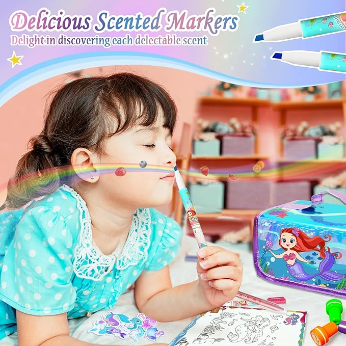 weirtoya 56 PCS Washable Scented Markers Set with Glitter Pencil Case, Mermaid Unicorn Arts and Crafts for kids 4-6-8 Kids Coloring Drawing Kits for 4-8 Years Old Girls Birthday Gifts (Mermaid, 56)