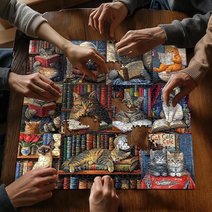 Vintage Cat Puzzles for Adults 1000 Pieces，PICKFORU Retro Cat Library Themed, Book Kitten Bookshelf Jigsaw Puzzles Collage Challenge