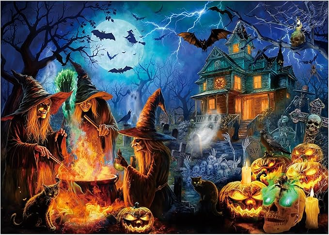 Rocorose Halloween Jigsaw Puzzle 1000 Pieces, Halloween Witches Puzzle for Adults Scary Jack - o - Lanterns Puzzles Haunted House Skeleton as Party Decor and Ideal Gift