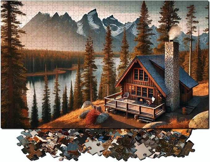 Jigsaw Puzzles for Adults 1000 Pieces - Colorful with Large Poster - Letters on Back - AI Art - Rompecabezas para Adultos - Gifts for Adult Couples Teens (Cozy Mountain Cabin)