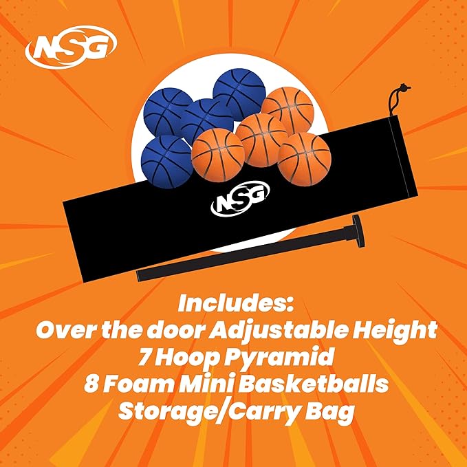 NSG Over The Door Basketball Hoop - Adjustable Height 7 Hoop Race Pyramid with 8 Mini Foam Balls & Carry Bag, Wall-Mounted, Easy Setup, Kids Indoor/Outdoor Game for Ages 5+ Years
