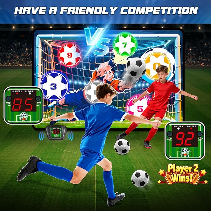 VATOS Electronic Scoring Soccer Toy Game Set for Kids, Indoor Outdoor Soccer Training Target with Real-Time Scoring, 2 Modes, Fabric Goal and 2 Soft Balls, Fun Sport Birthday Ages 3+
