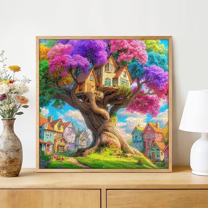 Magical Rainbow Treehouse 1000 Piece Jigsaw Puzzle for Adults - Fantasy Village Scene with Neon Foliage, Poster & Lettered Back, 22.8" Square HD Quality, Unique Gift for Fantasy & Art Lovers