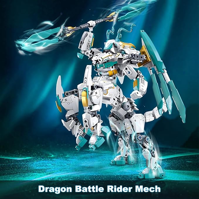 HIGH GODO Dragon Transforming Mech Building Blocks Set, 2 in 1 Warrior City Action Robot Model Building Kit, 731 Pieces Cool Rider Mech Toys Gift for Adults and Teens 14+