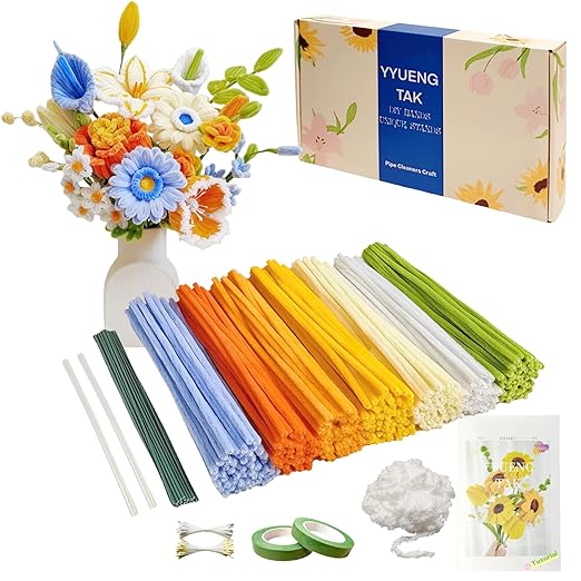 YYUENGTAK 350 Pcs (7 Colors) Pipe Cleaners Flower kit with tutoria,Fluffy Yarn,Green Floral Wires,Gardening Tape,Stamen(2 Colors)，Pipe Cleaners Craft,Chenille Stems for DIY Art Projects Creative Gift