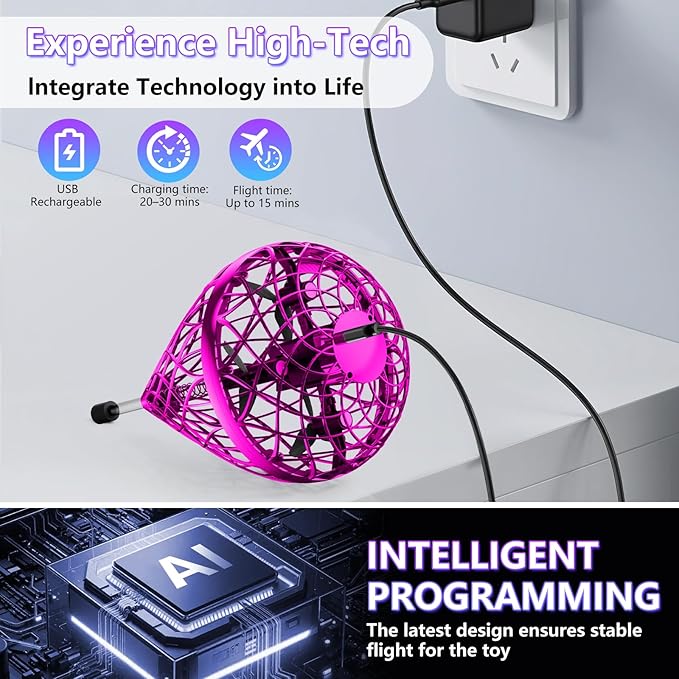 Tikduck 2026 Flying Bouncing Ball Toy - USB Rechargeable, Hand-Controlled with 3D Flips & Multi-Player Fun - Interactive Orb Toy for Kids, Teens & Adults - Indoor & Outdoor Play (Purple)