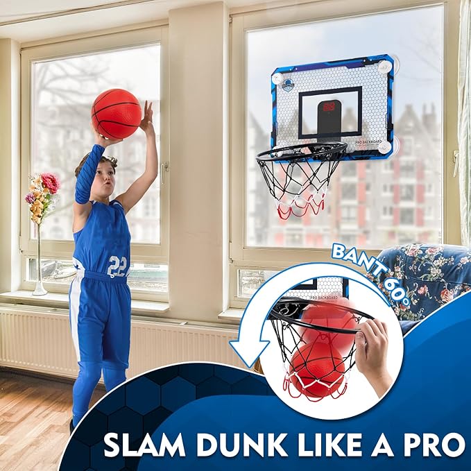 BOHEN Indoor Mini Basketball Hoops with Powerful Suction Cup, Stick to Windows, Wooden Doors, Smooth Walls - Basketball Backboard Indoor Bedroom Office for Kids Teens Adults