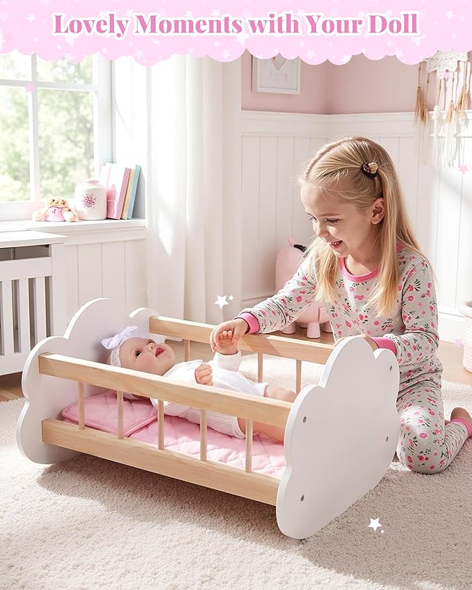 BABESIDE Wooden Baby Dolls Bed for 12-16 Inches Doll, Rocking Babys Doll Crib, Sleep Bed, Baby Dolls Accessories Furniture fit Dolls Boys Girls