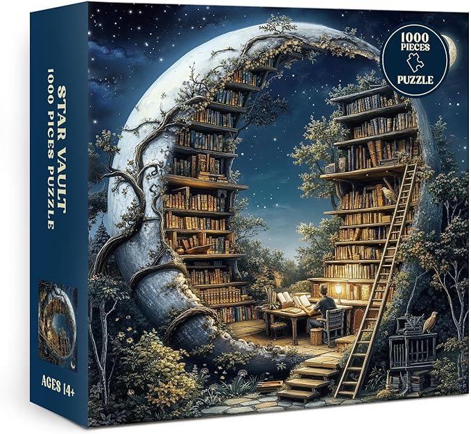 Magic Moon Library Puzzle 1000 Pieces for Adults, Night Book Forest Fantasy Jigsaw Puzzle, Vintage Space Bookshelf Nature Puzzles