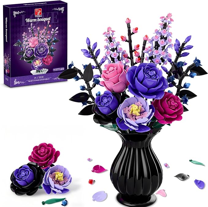 Flowers Bouquet Building Set - Purple Roses Botanical Collection Building Blocks for Adult Women, Artificial Flowers Gothic Home Decor Mother's Day Birthday Gift for Adults Kids Girls 6-12 (806PCS)