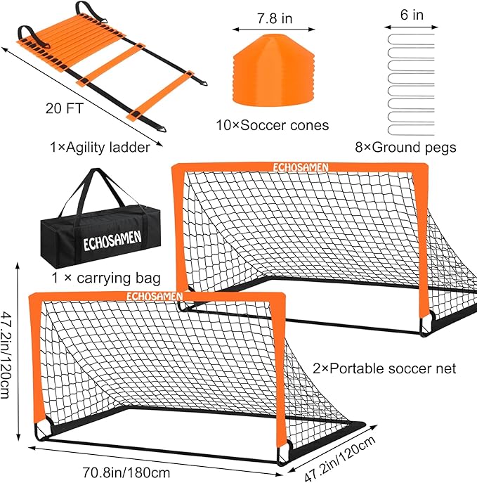 Kids Soccer Goals for Backyard, 2 of 6 x 4 ft Kids Soccer Goal Set Soccer Net with 10 Soccer Cones, Agility Ladder & Carry Bag, Portable Soccer Training Equipment.