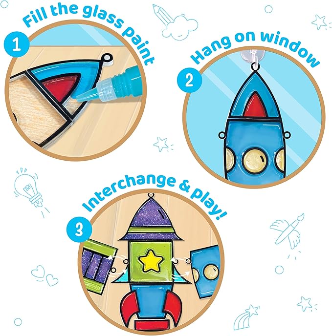 Imagimake Window Art for Kids - Rocket | Suncatcher Kits for Boys, Arts and Crafts for Ages 5-8 | Toys for Boys & Girls | Easter Gifts for 5,6,7,8,9,10,11,12 Years Old Boys & Girls | Birthday Gifts