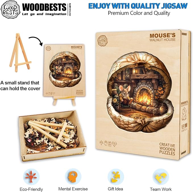 WOODBESTS Wooden Puzzles for Adults - Mouse's Walnut House, Mouse Wooden Jigsaw Puzzle, Unique Animal Wood Puzzles Adult, Xmas Gifts for Puzzle Lovers(185 Pcs, M, 11.4"x10.2")