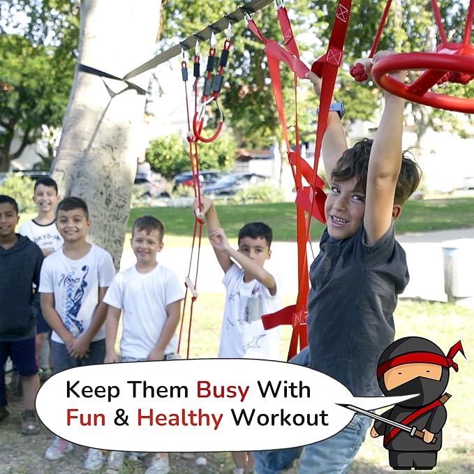 Ninja Obstacle Course for Kids Backyard - 10 Durable Obstacles and 15m Slackline - Outdoor Playset Equipment for Girls & Boys with Climbing Net & Ladder, Wheel, Warrior Gymnastics & Monkey Bars