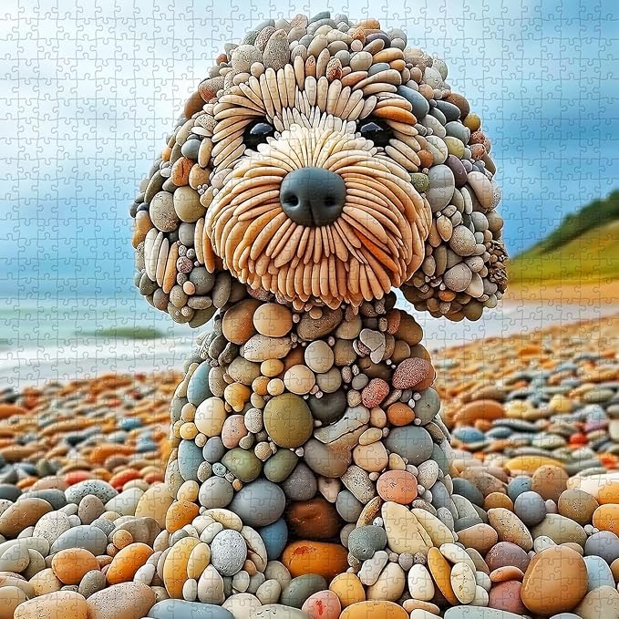 PICKFORU Funny Dog Jigsaw Puzzles 1000 Pieces for Adults, Summer Beach Guardian Dog Puzzle Cute, Interesting Seaside Stone Puppy Theme as Home Decor