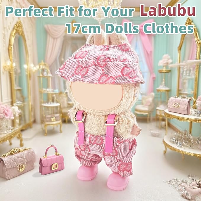 Clothes for Labubu 17cm Doll (NO Doll), 3 Piece Labubu Clothes Set, Cute Labubu Outfits with Accessories, Handmade Crochet La Bubu Doll Dress Up Set（Upstart Set）