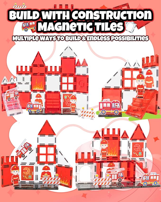 Magnetic Tiles for Kids Ages 3+, Fire Rescue Magnetic Tiles Building Blocks with Rescue Scene Pieces, Firefighter Elements & Accessories, STEM Toys for Toddlers, Ideal Gift for Boys and Girls