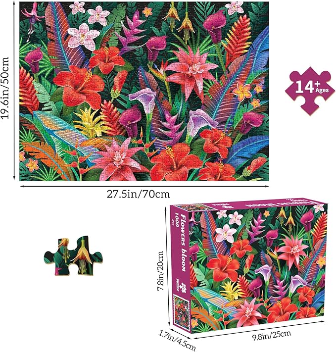 Jigsaw Puzzles for Adults 1000 Pieces, Interlock Perfectly Letter on Back No Dust, Home Decor Birthday Party Gift Toy for Men Women Elders Seniors, 1:1 Poster - Flowers Bloom