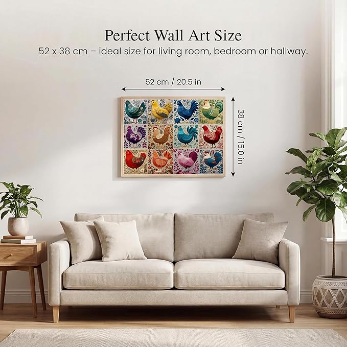 500 Piece Jigsaw Puzzle for Adults - Folk Art Rooster Chicken Farmhouse Animal - Colorful Botanical Embroidery Style 20.5x15 in with Reference Poster - Unique Wall Art Gift