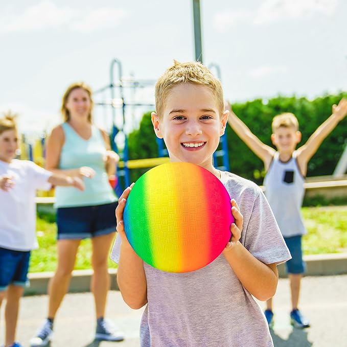Mic Playground Balls Kickballs 8.5 Inch, Rainbow Playground Ball Set for Kids and Adults, Dodgeball Kick Balls Handball for Indoor & Outdoor Schoolyard Games with Hand Pump(4 Pack)