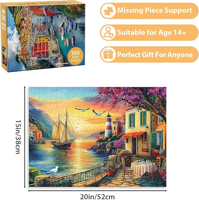 500 Piece Puzzles for Adults,Coastal Landscape Puzzle for Teen Adults,Recycled Paper Unique Fun Cool Jigsaw Puzzle 500 Pieces,Challenging Family Game Gift for Friends Men Women Seniors, 20.5 * 15In