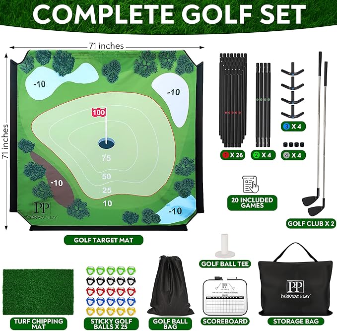 Sticky Golf Chipping Game Set - 6x6 ft Metal Frame with 2 Adjustable Clubs, 25 Sticky Balls, Turf Chipping Mat & Scoreboard - Backyard Golf Target Game for All Ages for Indoor/Outdoor Practice