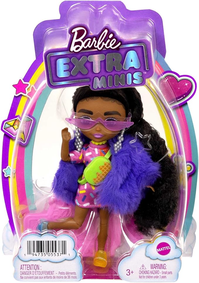 Barbie Extra Minis Doll #1 (5.5 in) Wearing Sprinkle-Printed Dress & Furry Coat with Doll Stand & Accessories Including Micro Sunglasses and Waist Bag, Gift for Kids 3 Years Old & Up