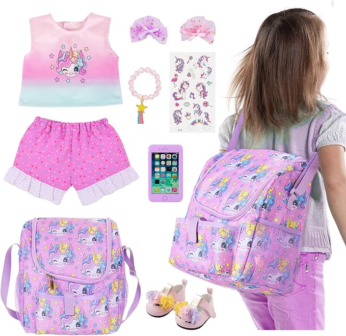 UNICORN ELEMENT 18 Inch American Doll Unicorn Seated Backpack Set and Accessories Include Clothes,Carrier,Shoes,Cell Phone,Stickers Totol 9 pcs(Doll Not Included)