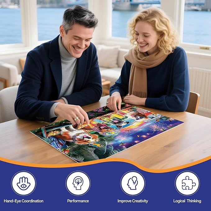 300 Piece Puzzles for Adults, 300 Piece Puzzles for Adults Large Piece, Beach Party Dogs Fireworks Jigsaw Puzzle, Challenging Puzzle Perfect for Game Nights, 20.5 X 15 in