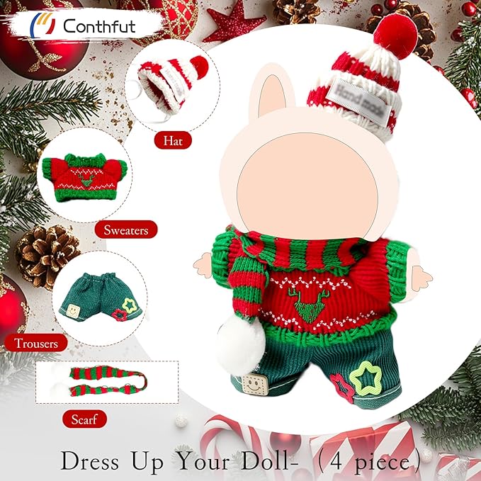 17cm Doll Clothes,Christmas Sweater Hat for Dolls Accessories,Winter Clothes for Dolls Outfit,Christmas Clothes Set (No Doll)(Red Sweater +Green)