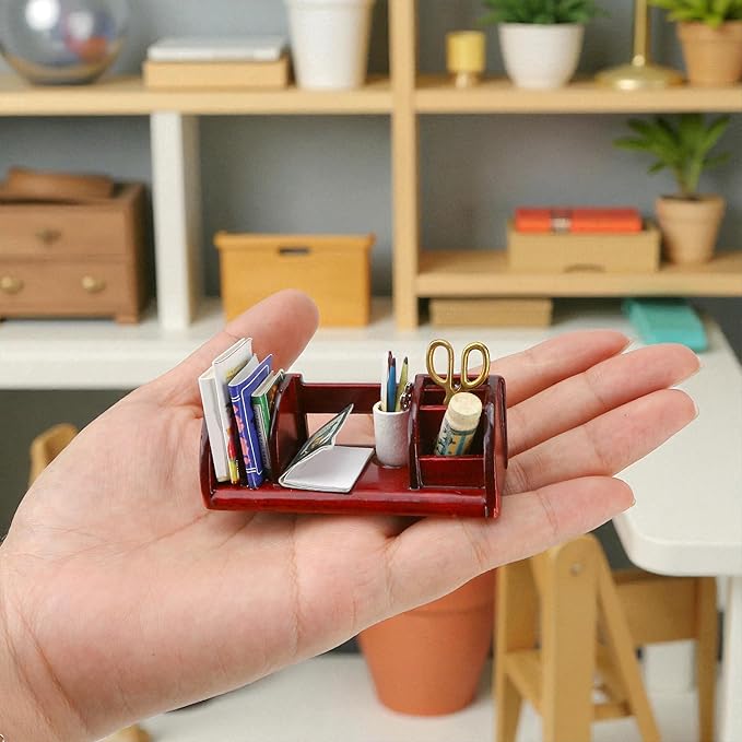 1/6 Dollhouse Stationery Miniature Office Accessories Set, WineRed Mini Desk Furniture Accessory for Doll House Supplies, 1:6 Scale