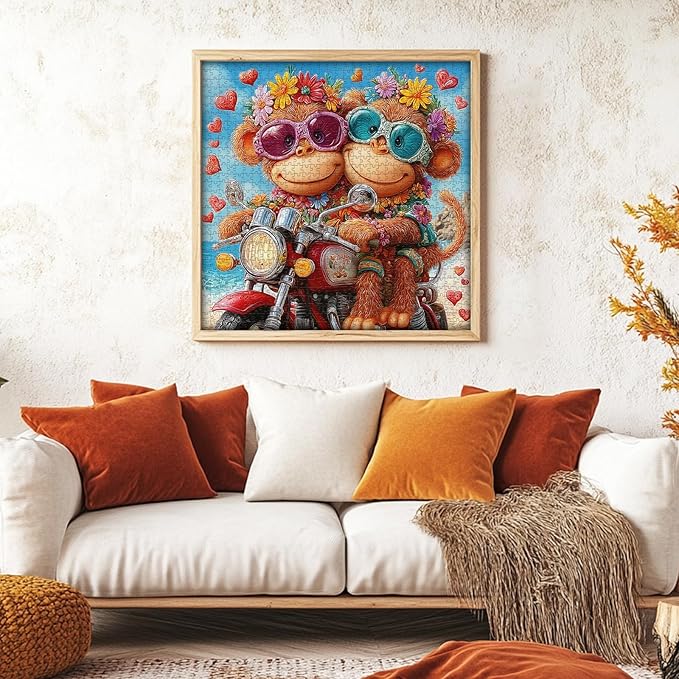 PICKFORU Cute Monkey Jigsaw Puzzles 1000 Pieces, Summer Seaside Motorcycle Puzzles for Adults, Funny Beach Bikers Puzzle