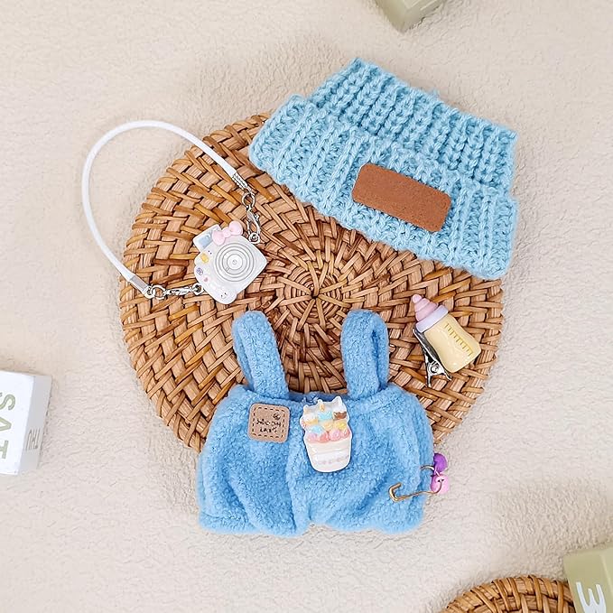 Doll Clothes for 17cm Dolls, Soft Knit Hat, Cozy Overalls, Camera, Bottle & Cute Accessories (No Doll) (Blue)