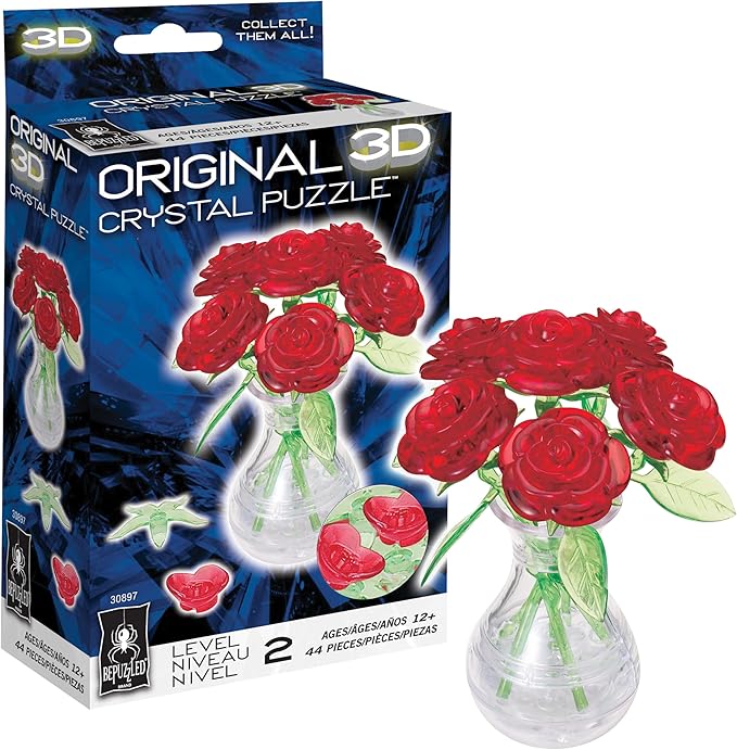BePuzzled | Roses in Vase Original 3D Crystal Puzzle, Ages 12 and Up, Red