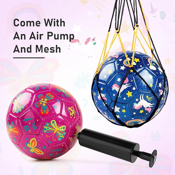 ZOOJOY Soccer Ball Size 2, 2 Pack Cartoon Ball with Pump Mesh Bag, Butterfly & Unicorn Toddler Girl Toys for 1 2 3 4 5 6 Years Old, Perfect Sensory Toys for Girls Boys Indoor Outdoor Play Balls Gifts