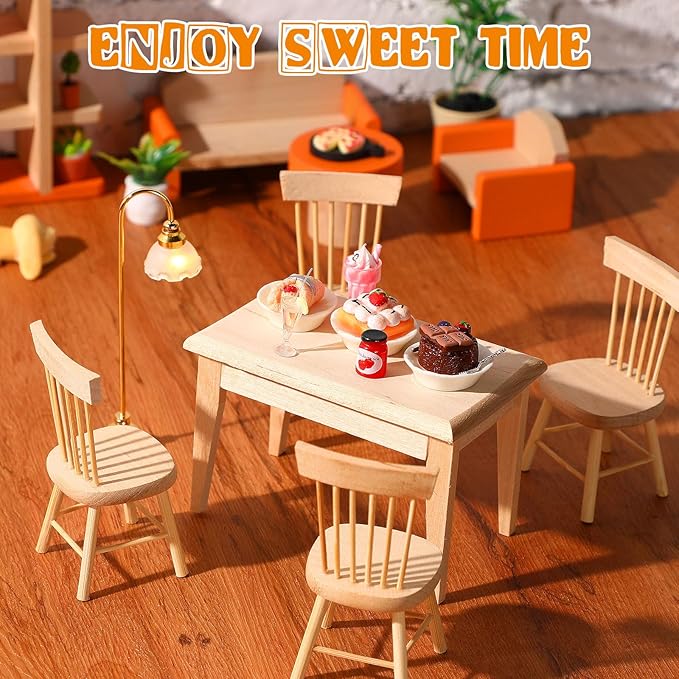HyDren 74 Pcs 1:12 Scale Dollhouse Miniature Food with Wooden Dollhouse Furniture of Table and Chair, Mini Kitchen Accessories Sets Include Mini Milk Juice Knife Fork Spoon Dessert Cake BBQ