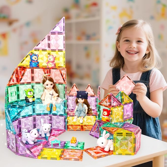 Large Pastel Magnetic Tiles - 48 Pcs Macaron-Colored Glitter Magnetic Blocks with Travel Metal Storage Box - Diamond STEM Toys for Girls Ages 3-8 - Portable Sensory Building Set for Kids