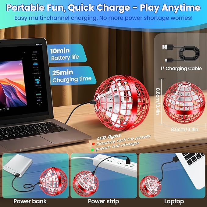 Flying Orb Ball Toy, 2026 Upgrade Hand Controlled Hover Ball with LED Lights, 360° Rotating Boomerang Globe Cool Mini Drone, Ideal Birthday&Christmas Gift for Boys Girls-Bright Red