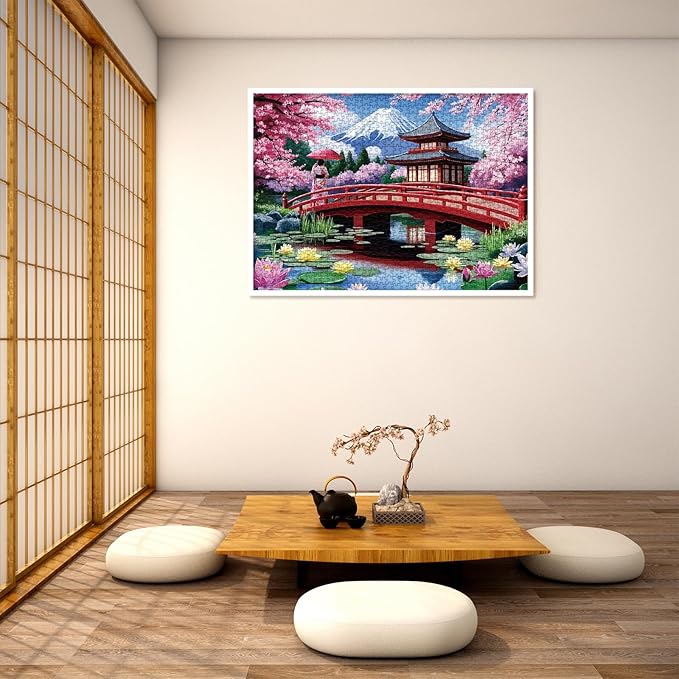 Japan Garden Landscape Puzzle for Adults 1000 Pieces, Flower Floral Mountain Jigsaw Puzzle, Beautiful Cherry Blossom Lotus Asian Japanese Puzzle