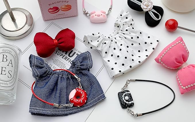 17 cm Doll Clothes 4 Sets - 6.7 Inches Cute Dolls Dress Outfits - Premium Fashion Accessories，Luxury Chic Doll Clothing & Style Bundle 3Pcs Set（Cute Doll Dress+Bow+Bag），Gifts for Lovers（No Dolls）
