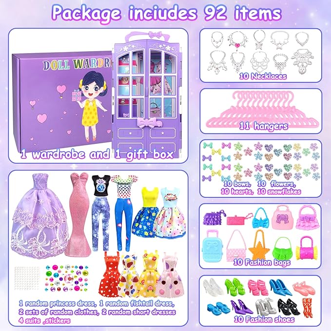92Pcs Doll Clothes and Accessories with Closet for 11.5 Inch Doll Fashion Design Kit Girl Dress Up Including Fashion Dress Outfits Tops and Pants Shoes Hangers Bags Necklaces Girls Toy Gifts