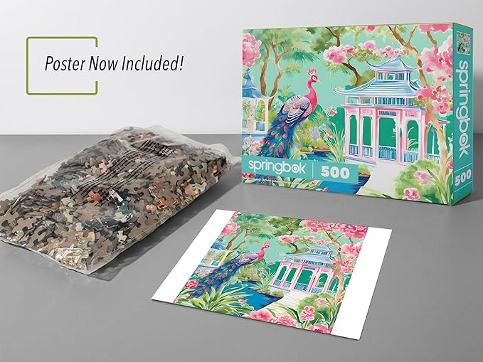 Springbok Pink Peacock Oasis 500 Piece Jigsaw Puzzle for Adults & Family - Poster Now Included - Tropical Garden Art, Vibrant Peacock Illustration - Unique Cut Pieces - Made in USA